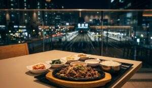 Atmospheric night photograph of a Korean meal featuring Bulgogi on a hot plate and side dishes on a table. Through a large window, the illuminated Yongsan Station train tracks and Seoul city skyline are visible in the bokeh background.
