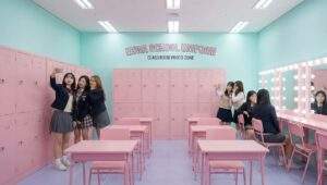 Friends taking selfies in the pink classroom photo zone at Ehwa School Uniform rental shop.
