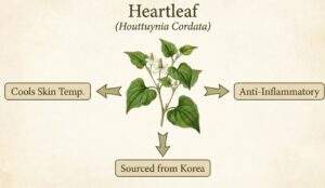 A botanical illustration of the Heartleaf (Houttuynia Cordata) plant. Arrows point to text boxes highlighting its benefits: "Cools Skin Temp.", "Anti-Inflammatory", and "Sourced from Korea".