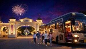 A shuttle bus waiting at the Everland main gate at night with fireworks in the background, and tourists boarding.