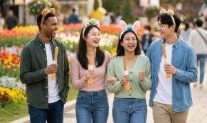 A candid lifestyle photograph of a diverse group of four friends laughing while walking through Everland's Four Seasons Garden. They are wearing cute animal headbands and holding churros, enjoying a relaxed day.