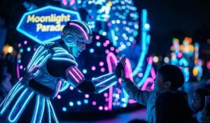 Guide to Everland: Close-up of a performer in a glowing LED suit high-fiving a young child during the night parade at Everland, with colorful lights in the background.