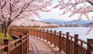 Scenic view of beautiful cherry blossom trees lining the boardwalk of Bomun Lake in Gyeongju, South Korea during spring.