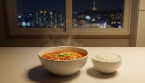 A close-up photograph of a steaming bowl of spicy ramen and a bowl of white rice on a table in a communal kitchen at night, with a city view of Seoul blurred in the background.