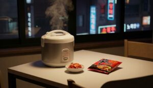 A cozy communal kitchen in a Goshiwon at night with a steaming rice cooker, kimchi, and ramen on the table.