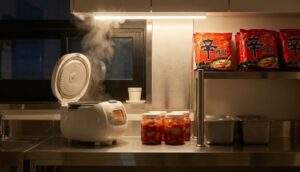 A cozy shared Goshiwon kitchen at night, featuring a steaming rice cooker, jars of kimchi, and packs of Shin Ramen under warm light.
