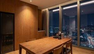 best luxury hotels in Seoul for business: Luxury hotel private meeting room in Seoul with city night view, Samsung AirDresser, and Nespresso machine.
