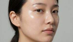 Hyper-realistic portrait close-up of a Korean woman's cheek showing ultra-dewy, poreless "Glass Skin" texture after consistent skincare.