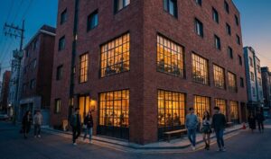 A wide-angle exterior shot at twilight of a trendy red-brick boutique hotel and cafe building in Seongsu-dong, with warm lights glowing from inside and fashionable pedestrians walking on the street.