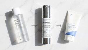 Flatlay photo of the "Sandwich Method" skincare routine showing Toner, Reedle Shot, and Barrier Cream in order with arrows on a marble surface.