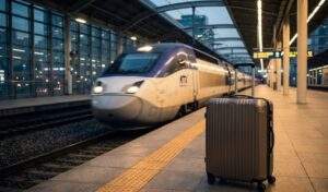 A lone travel suitcase sitting on the platform at Yongsan Station in the evening as a high-speed KTX train arrives with motion blur.