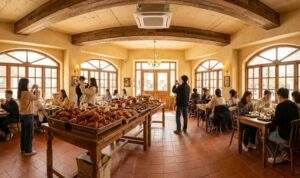 A wide-angle interior photograph of Teddy Beurre House bakery in Seoul. The warm, bustling cafe features high ceilings with wooden beams, large arched windows, and a central table overflowing with fresh croissants. Customers are seated at tables and taking photos.