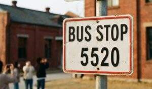 Close-up detail of the retro American-style "Bus Stop 5520" sign inside the Yongsan Park Partial Open Site, a popular vintage photography spot in Seoul.
