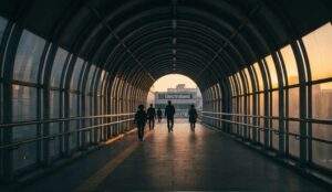 A wide-angle photograph of the industrial walkway tunnel connecting Yongsan Station to Electroland at sunset, with silhouettes of people walking and the Electroland building logo visible at the end of the tunnel