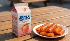 Peach-flavored Cool Piece drink to drink with spicy tteokbokki