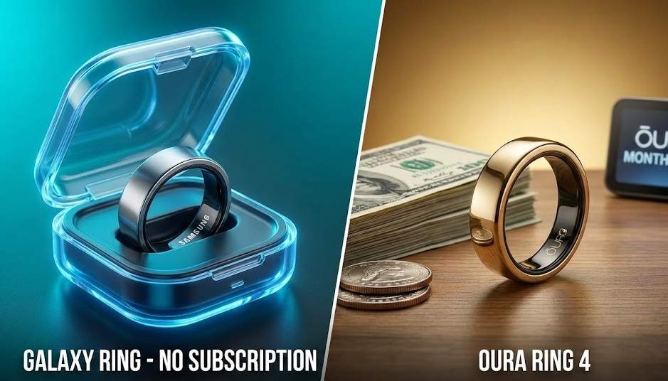 Samsung Galaxy Ring vs Oura Ring 4: A split-screen comparison image showing a Samsung Galaxy Ring in its charging case on the left with "No Subscription" text, and an Oura Ring 4 next to a pile of money and a "Monthly Fee" text on the right.
