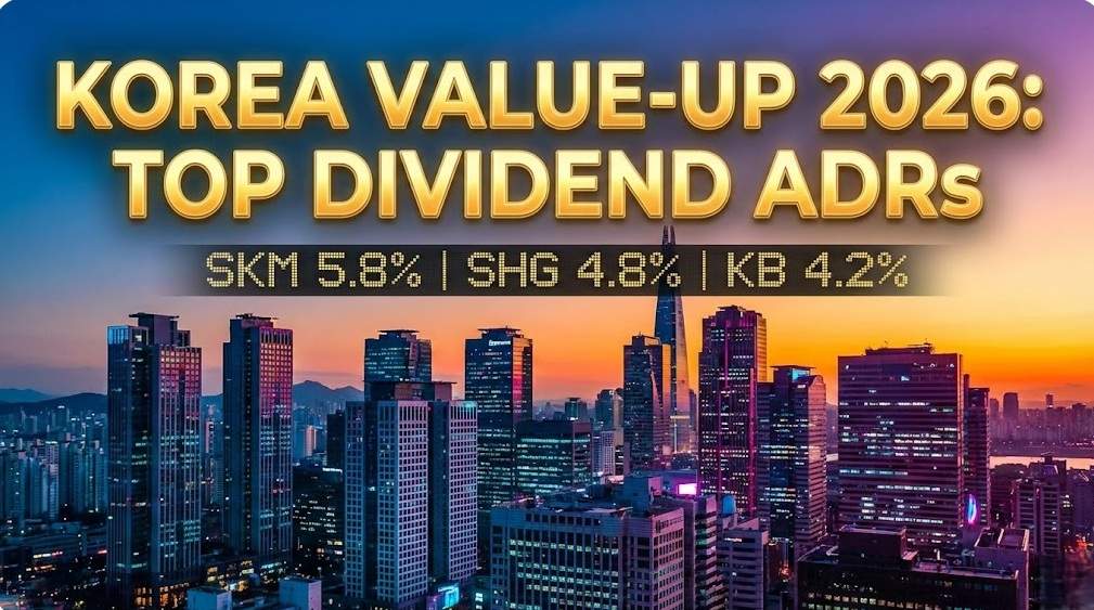 Seoul financial district skyline at sunset with text "Korea Value-Up 2026: Top Dividend ADRs" and stock yields for SKM, SHG, and KB.