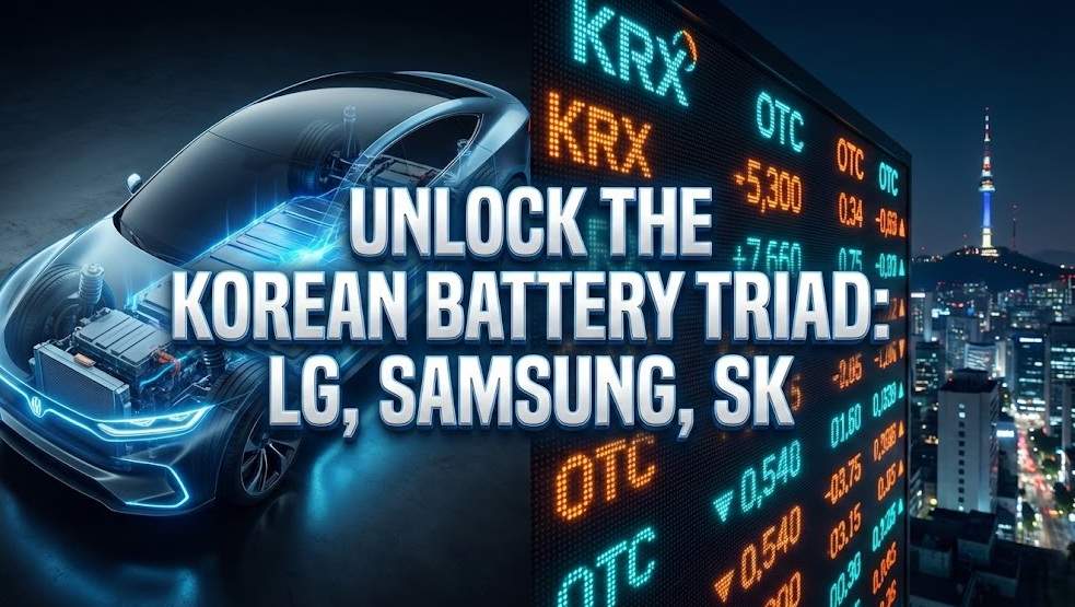 Split-screen image featuring a glowing electric vehicle chassis next to a digital stock market board with KRX and OTC data, set against the Seoul skyline. Text overlay reads: "Unlock the Korean Battery Triad: LG, Samsung, SK."