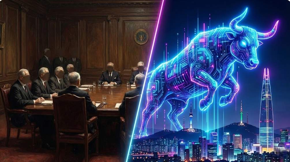 Why Korean Stocks Are Cheap: Split screen illustration showing an old, dark boardroom of Chaebol executives on the left contrasting with a futuristic neon bull rising over the Seoul skyline on the right, symbolizing the Korea Discount and the Value-Up Program.