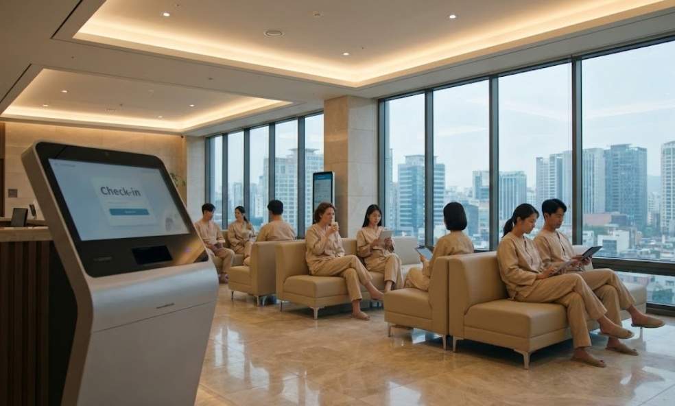Full Body Health Checkup in Korea: Modern waiting lounge at an International Healthcare Center in Seoul featuring floor-to-ceiling windows and patients in comfortable beige loungewear.