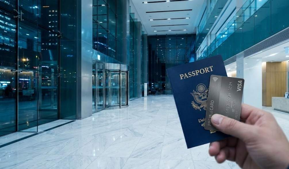 Getting Sick in Seoul: Hand holding US passport and credit card in front of a luxury university hospital lobby in Seoul at night, emphasizing the cost of medical care for tourists in Korea without insurance.