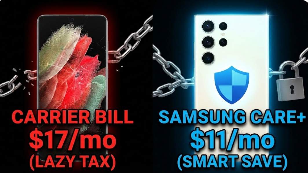 A split-screen comparison showing a broken phone with a high carrier bill versus a protected phone with affordable Samsung Care+