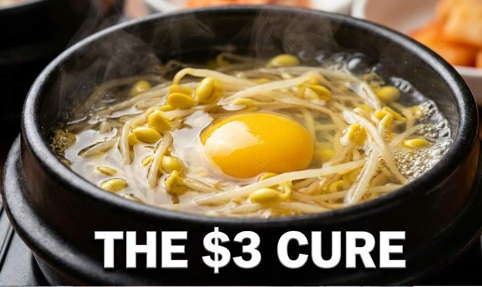 A close-up photograph of a steaming Korean bean sprout soup (Kongnamul Gukbap) in a black earthenware pot with a raw egg yolk on top. The text "THE $3 CURE" is overlaid at the bottom.