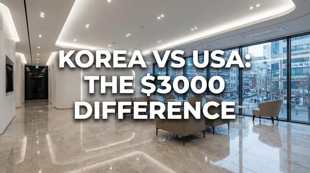 A modern, brightly lit skin clinic lobby in Seoul with large text overlay reading "KOREA VS USA: THE $3000 DIFFERENCE".