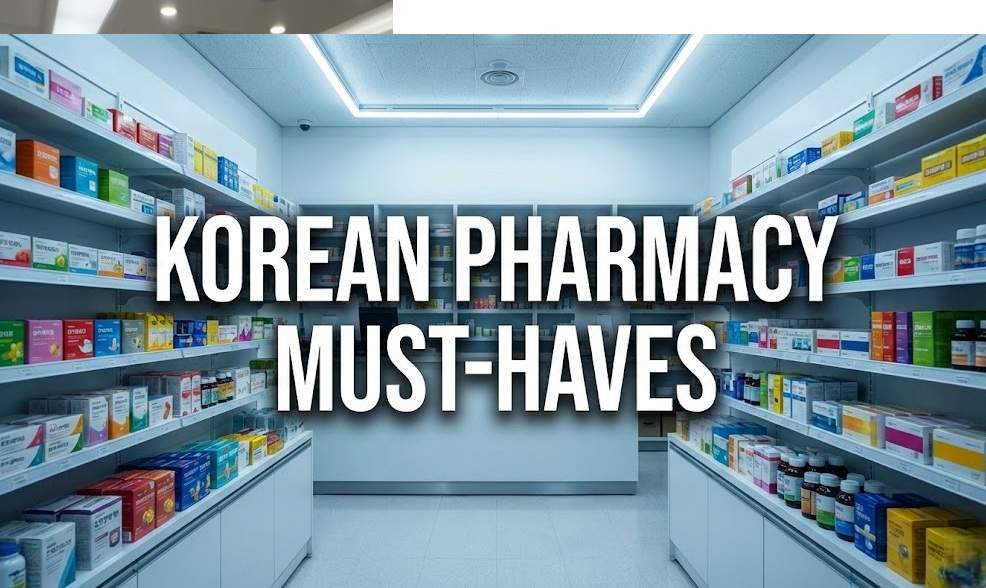 Wide-angle shot of a well-stocked, brightly lit Korean pharmacy (Yakguk) interior with a large white text overlay in the center reading "KOREAN PHARMACY MUST-HAVES".