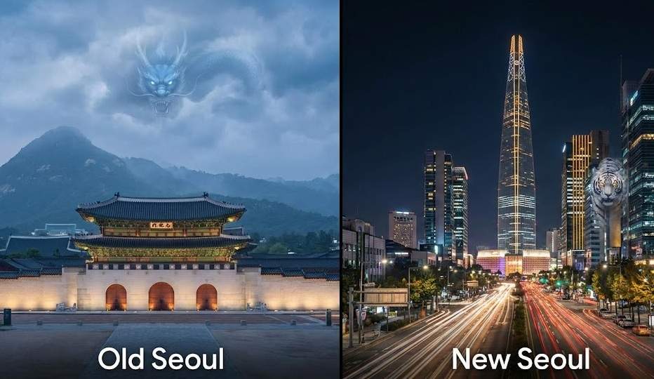 Feng Shui Base in Seoul: A split-screen image showing the traditional Old Seoul (Gangbuk) with a blue dragon spirit in the sky on the left, and the futuristic New Seoul (Gangnam) with a white tiger spirit among skyscrapers on the right.