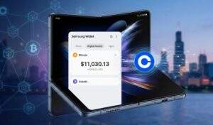 Link Coinbase to Samsung Wallet: Samsung Galaxy Z Fold smartphone displaying Bitcoin balance via Samsung Wallet and Coinbase integration with a futuristic background.