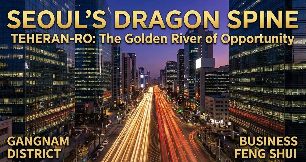 Dragon Spine in Seoul: A wide-angle, long-exposure photograph of Teheran-ro in Seoul at twilight, with streaks of red and white light from car traffic flowing between tall, modern glass office buildings under a deep blue sky.