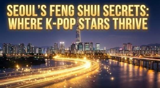 K-Pop Idols Feng Shui: Cinematic Seoul skyline at twilight showing the Han River curving around Gangnam and Hannam-dong with glowing golden Feng Shui energy flow lines.