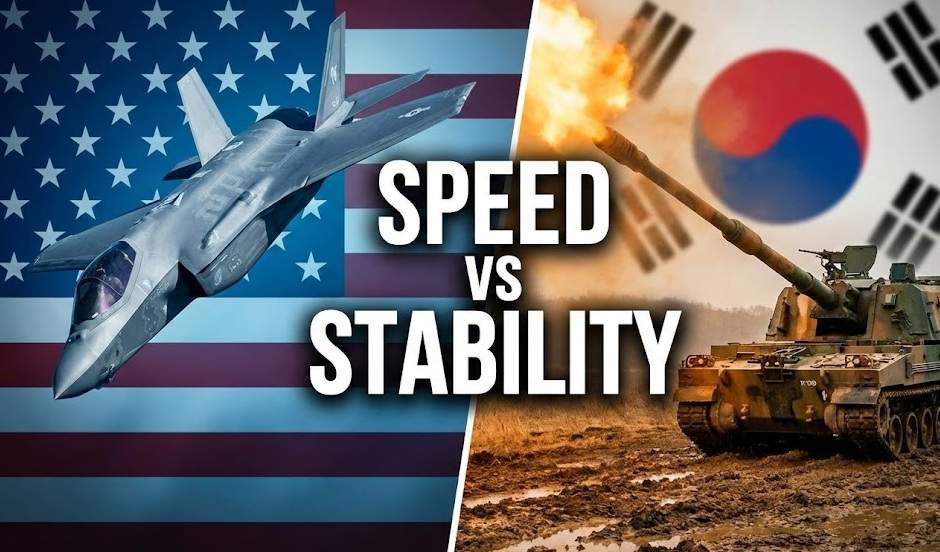 Hanwha Aerospace vs Lockheed Martin: A split-screen comparison image. The left side features a Lockheed Martin F-35 fighter jet against a US flag, representing "Stability". The right side shows a Hanwha K9 Thunder howitzer firing, against a South Korean flag, representing "Speed". The central text reads "SPEED VS STABILITY".
