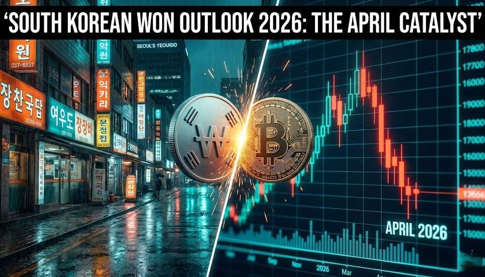 South Korean Won Outlook 2026: A split image showing a street in Seoul at night on the left and a digital forex chart with a downward trend and 'APRIL 2026' label on the right. A Korean Won coin and a US Dollar coin clash in the middle with sparks. Text overlay reads: 'SOUTH KOREAN WON OUTLOOK 2026: THE APRIL CATALYST'.
