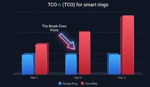 A bar chart infographic showing the total cost of ownership for Galaxy Ring and Oura Ring over three years, highlighting a break-even point where the Oura Ring becomes more expensive.