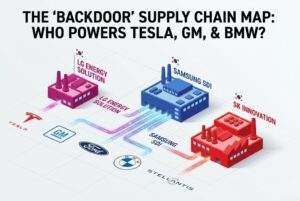 Isometric infographic map showing the supply chain links between Korean battery manufacturers LG Energy Solution, Samsung SDI, and SK Innovation, and global automakers Tesla, GM, Ford, BMW, and Stellantis.