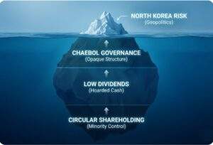 Infographic of an iceberg in the ocean. The small tip above water is labeled "North Korea Risk," while the massive hidden section below water lists "Chaebol Governance," "Low Dividends," and "Circular Shareholding" as the true causes of why Korean stocks are cheap.