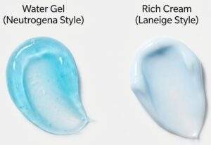 Macro photograph of two moisturizer swatches with labels. Left: Blue gel labeled "Water Gel (Neutrogena Style)". Right: Opaque cream labeled "Rich Cream (Laneige Style)".
