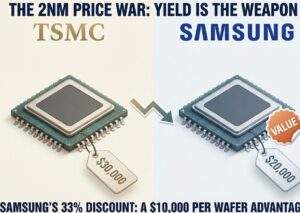 Infographic comparing TSMC $30,000 chip price vs. Samsung $20,000 value price.