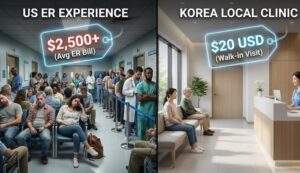 Split-screen infographic comparing a crowded, expensive US hospital emergency room ($2,500+) versus a clean, affordable Korean local clinic walk-in visit ($20 USD).