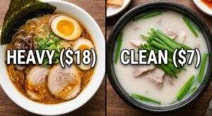 A split-screen food comparison. On the left is a bowl of Tonkotsu Ramen with the text "HEAVY ($18)". On the right is a bowl of Dwaeji Gukbap with the text "CLEAN ($7)".
