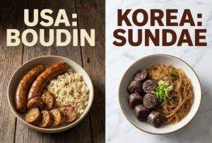 A split-screen image comparing two types of sausages. On the left side, under the large text "USA: BOUDIN," a rustic wooden table holds a plate of Cajun Boudin sausage served with dirty rice. On the right side, under the large text "KOREA: SUNDAE," a marble table holds a plate of Korean Sundae sausage served with glass noodles. The image highlights the different textures and serving styles.