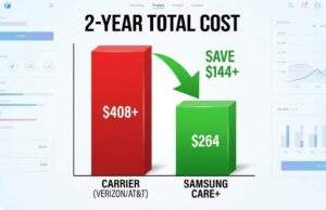 Infographic bar graph illustrating the 2-year total cost savings of choosing Samsung Care+ over carrier insurance.