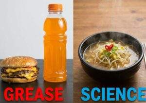 A split-screen image comparing a greasy cheeseburger and an orange sports drink on the left with the text "GREASE," versus a clean bowl of bean sprout soup on the right with the text "SCIENCE."