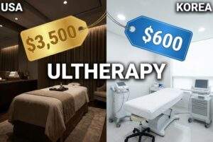 A split-screen comparison image. The left side shows a dark US spa room with a "$3,500" price tag. The right side shows a bright Korean clinic room with a "$600" price tag. Text in the middle reads "ULTHERAPY".