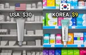 Split-screen comparison image. The left side, in black and white, shows a generic tube on a US pharmacy shelf with a USA flag and "USA: $30" text. The right side, in full color, shows a tube of Noscarna Gel on a Korean pharmacy shelf with a South Korean flag and "KOREA: $9" text.