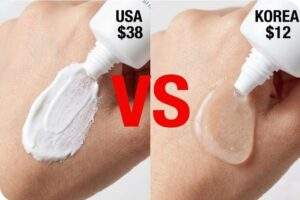 Split-screen comparison showing a thick, white American sunscreen ($38) leaving a white cast versus a clear, watery Korean sunscreen ($12) absorbing instantly, with a red "VS" text in the center.