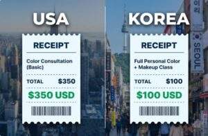 Infographic comparing costs. Left side shows a blurred US city background with a receipt for "$350" and text "USA". Right side shows a bright Seoul street background with a receipt for "$100" and text "KOREA".