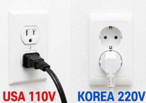 Comparison of US 110V electrical outlet versus South Korea 220V Type F outlet with text overlay USA 110V vs KOREA 220V.